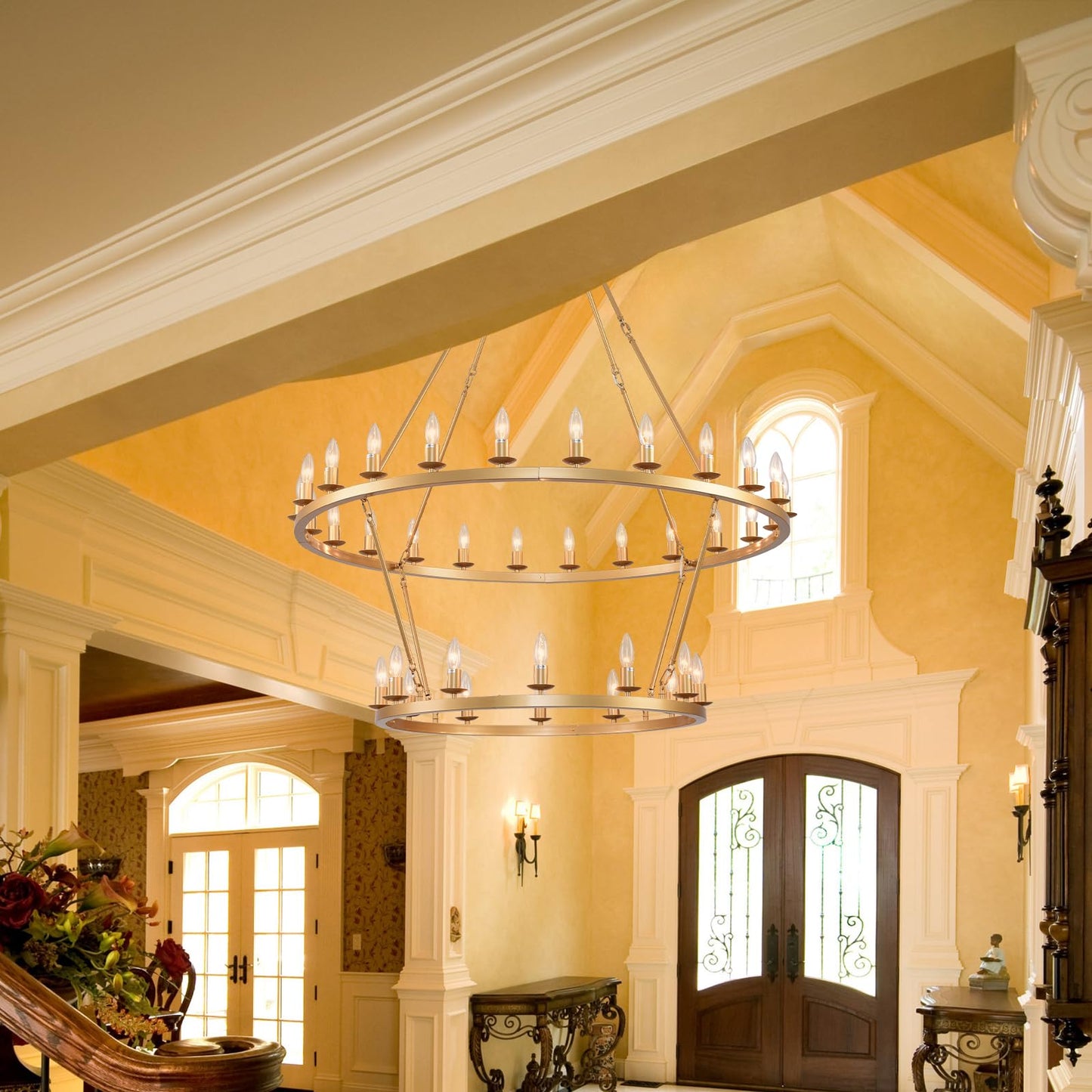 JKLX 48 Inch 2 Tier Gold Extra Large Wagon Wheel Chandelier 36-Lights Farmhouse Industrial Round High Ceiling Pendant Light Adjustable Chain, for Dining Room, Living Room