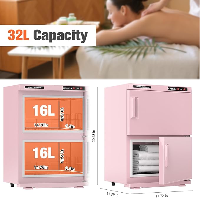 Large 32L Hot Towel Warmer Cabinet for Estheticians, Professional Double Door Towel Heater for Massage, Babers, Facial Spa, Hair Salon, Bathroom