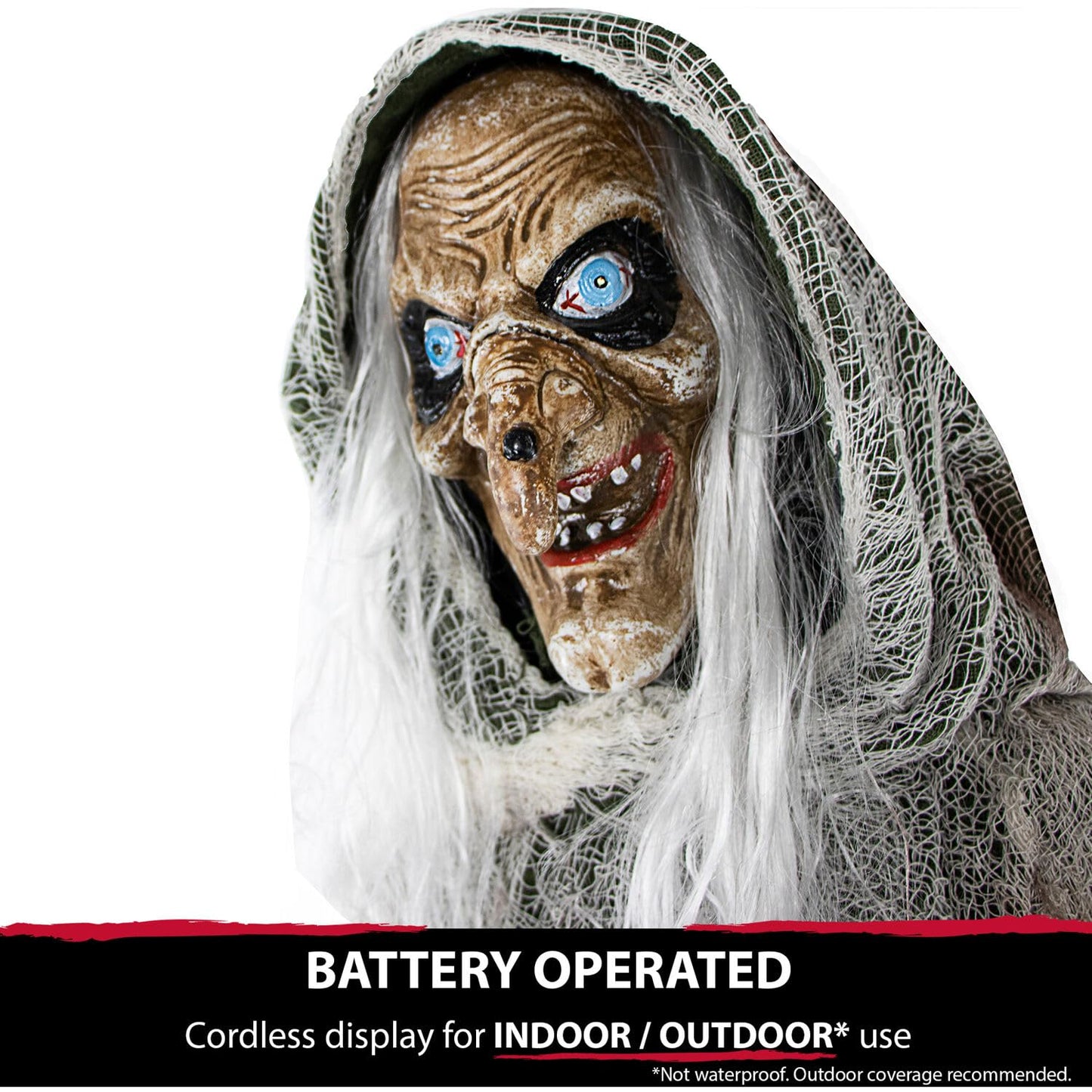 Haunted Hill Farm Life-Size Scary Talking Witch, Animatronic with Touch Activated Lights and Sound, Battery Operated Indoor or Covered Outdoor Decoration, Creepy Halloween Prop