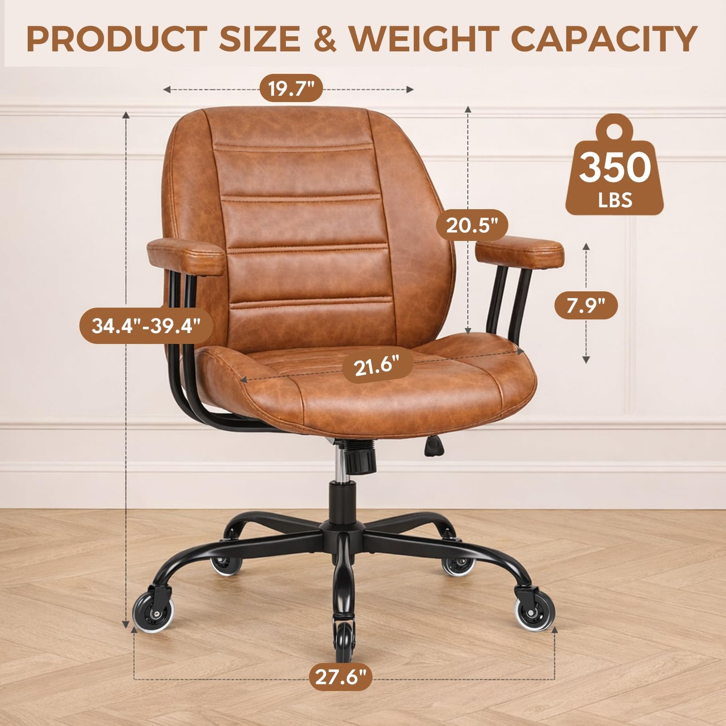 YUNSCEND Brown Leather Office Chair with Quiet Rubber Wheels and Lumbar Support, Mid-Back Ergonomic Desk Chair with Removable Armrests, Height Adjustable Computer Chair for Home Office