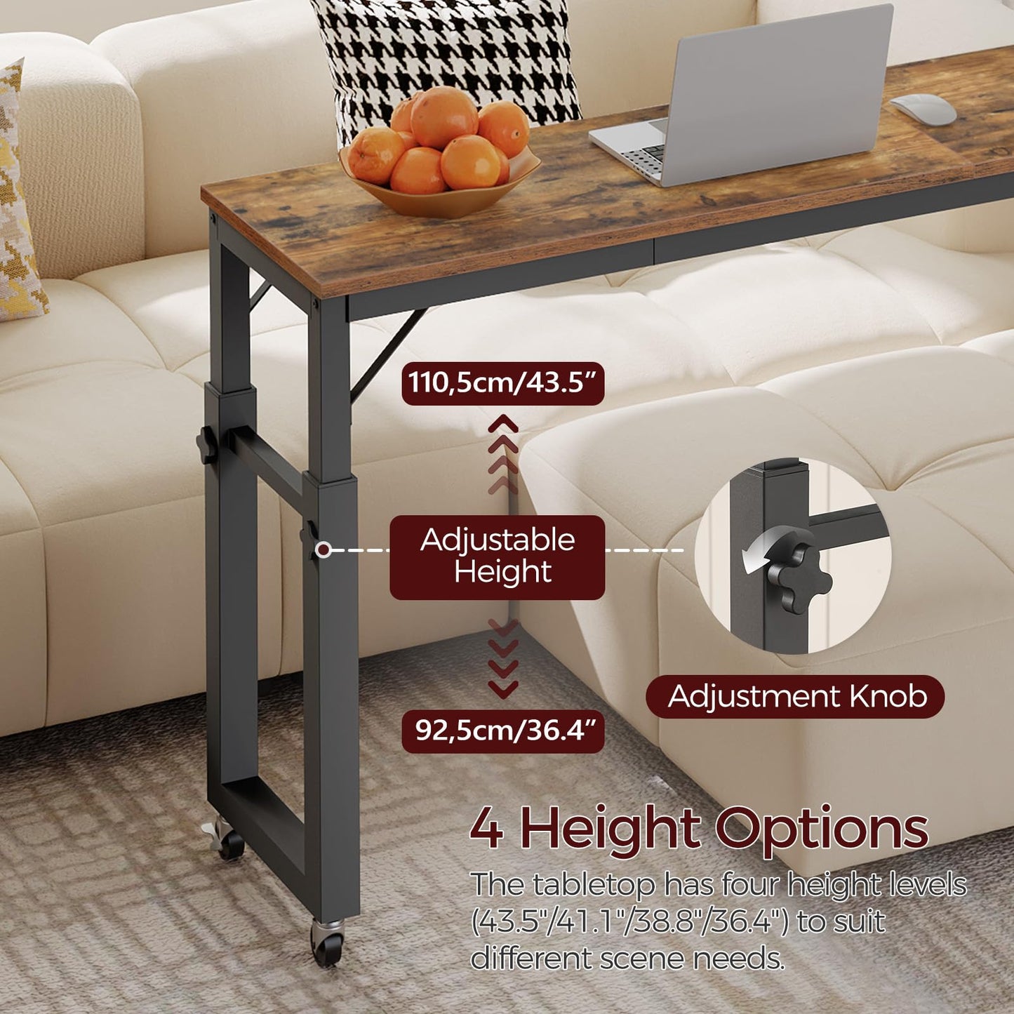 MAHANCRIS Overbed Table with Wheels, Queen Size Mobile Bed Desk with Adjustable Height, Rolling Table, Dining Table, Computer Desk, for Bedroom, Living Room, Office, Rustic Brown MTHR18001
