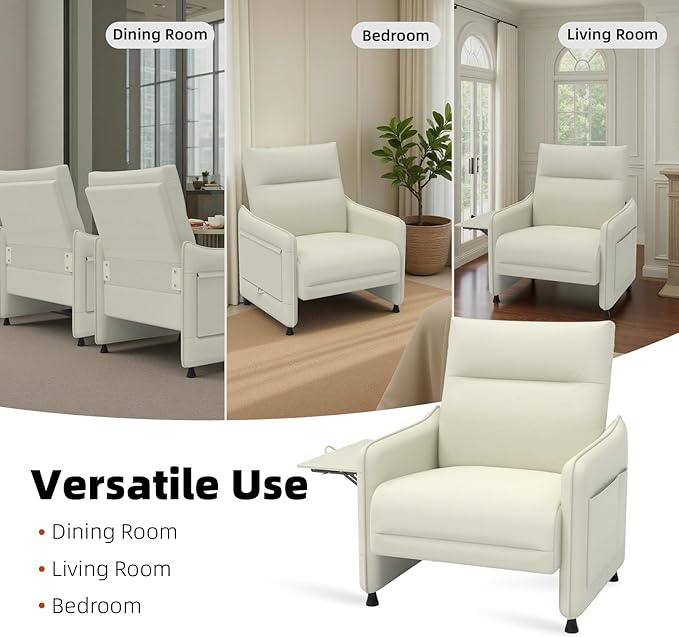 Tbillionnext Upholstered Accent Sofas Set of 2, Modern Faux Leather Sofa Chairs with Hidden Foldable Tray & Side Pocket, Rear Contour Arm Design, Small Accent Sofas for Living Room, Beige