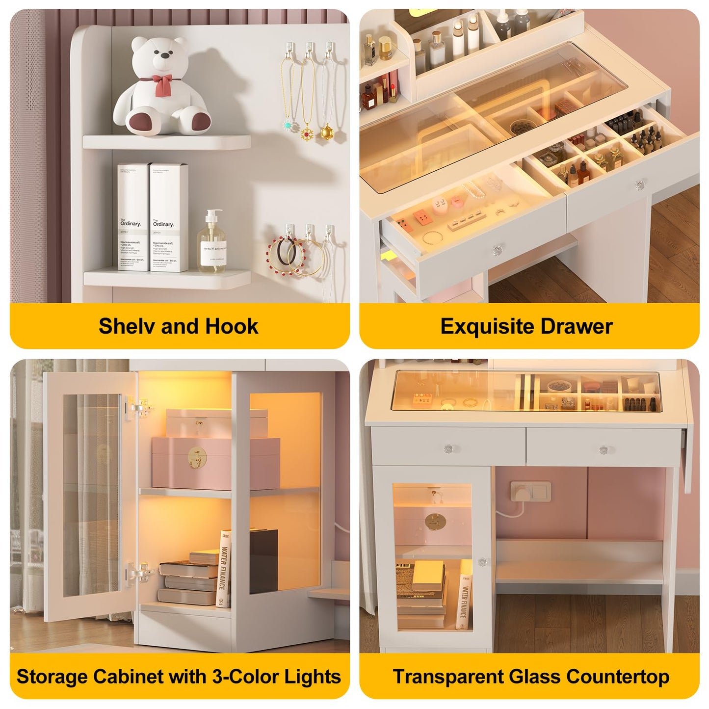 Furnistar Vanity Desk with 3-Colors LED Lights-Mirror and Stool Vanity Set with Power Strip Makeup Vanity with one Cabinet and Two Drawers Dressing Table Set for Women White