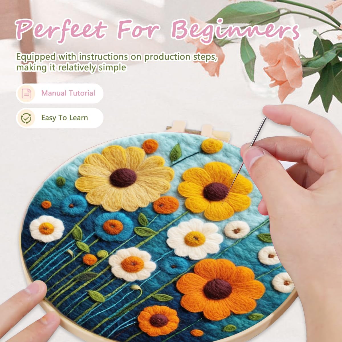 yesJRL Needle Felting Kits Beginners, Natural Landscape DIY Wool Needle Felting Starter Kit, Floral Needle Felt Set with Foam Pad, Felt Cloth and Instructions, Used for Home Decoration (Pink)
