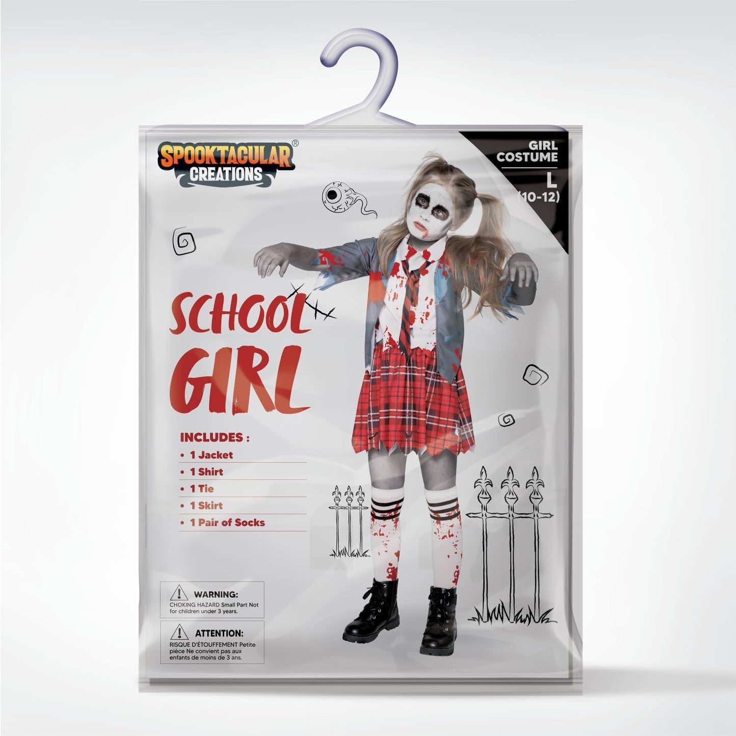 Spooktacular Creations Zombie Schoolgirl Costume, Halloween Girl Bloody Zombie Costume for Kids,Halloween, School, Event Party Dress Up (Gray, Medium(8-10 yrs))