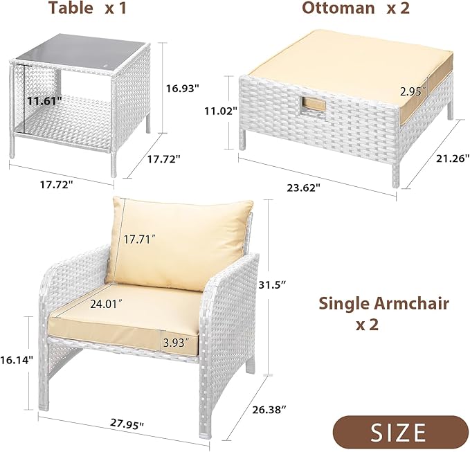 LEVELEVE Balcony Furniture 5 Piece Patio Conversation Set, PE Wicker Rattan Outdoor Lounge Chairs with Soft Cushions 2 Ottoman&Glass Table for Porch