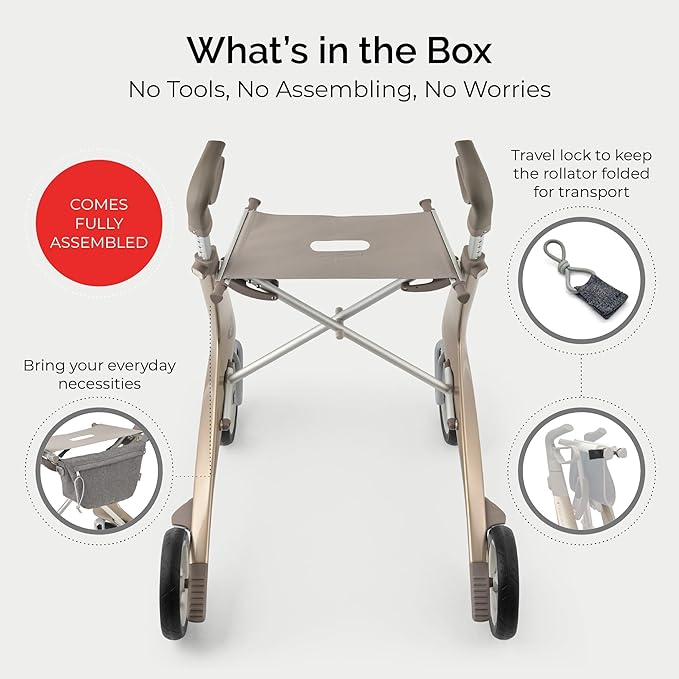 byACRE Carbon Ultralight Rollator Walker - World's Lightest Carbon Rollator - Only 10.6 lbs | Indoor and Outdoor Use | Foldable with seat and Easy to Travel with (Champagne Gold, Wide Track)