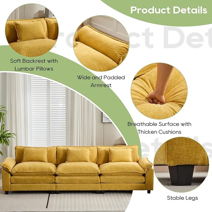Oprisen 120" Modular Sectional Sofa, Comfy Cloud Couch Sectional Sofa, Chenille Sofa Sleeper Deep Seat Sofa with Throw Pillows for Living Room (Yellow, 120"- 3 Seater)