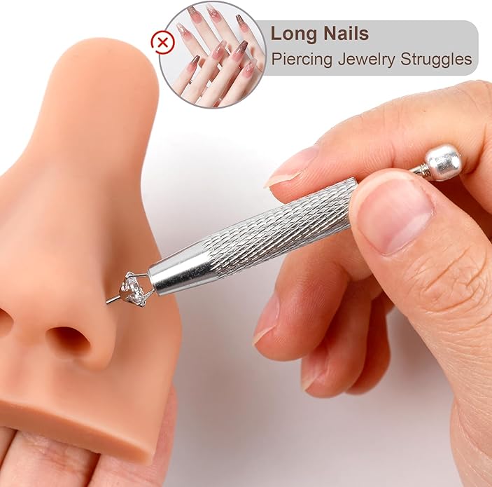ONESING 2Pcs Piercing Ball Grabber Tool for Changing Jewelry, Stianless Steel Flat Back Earring Applicator Internally Threaded Push Pin Piercing Grabber Tool, Anti Slip 4 Claw Gem Ball Grabber Tool