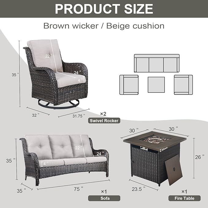 Belord Outdoor Patio Furniture Set with 50000BTU Propane Fire Pit Table, 4 Pieces Wicker Patio Conversation Set with 2 Swivel Rocker Glider Chairs Rattan Sofa Beige Cushion Perfect for Gathering