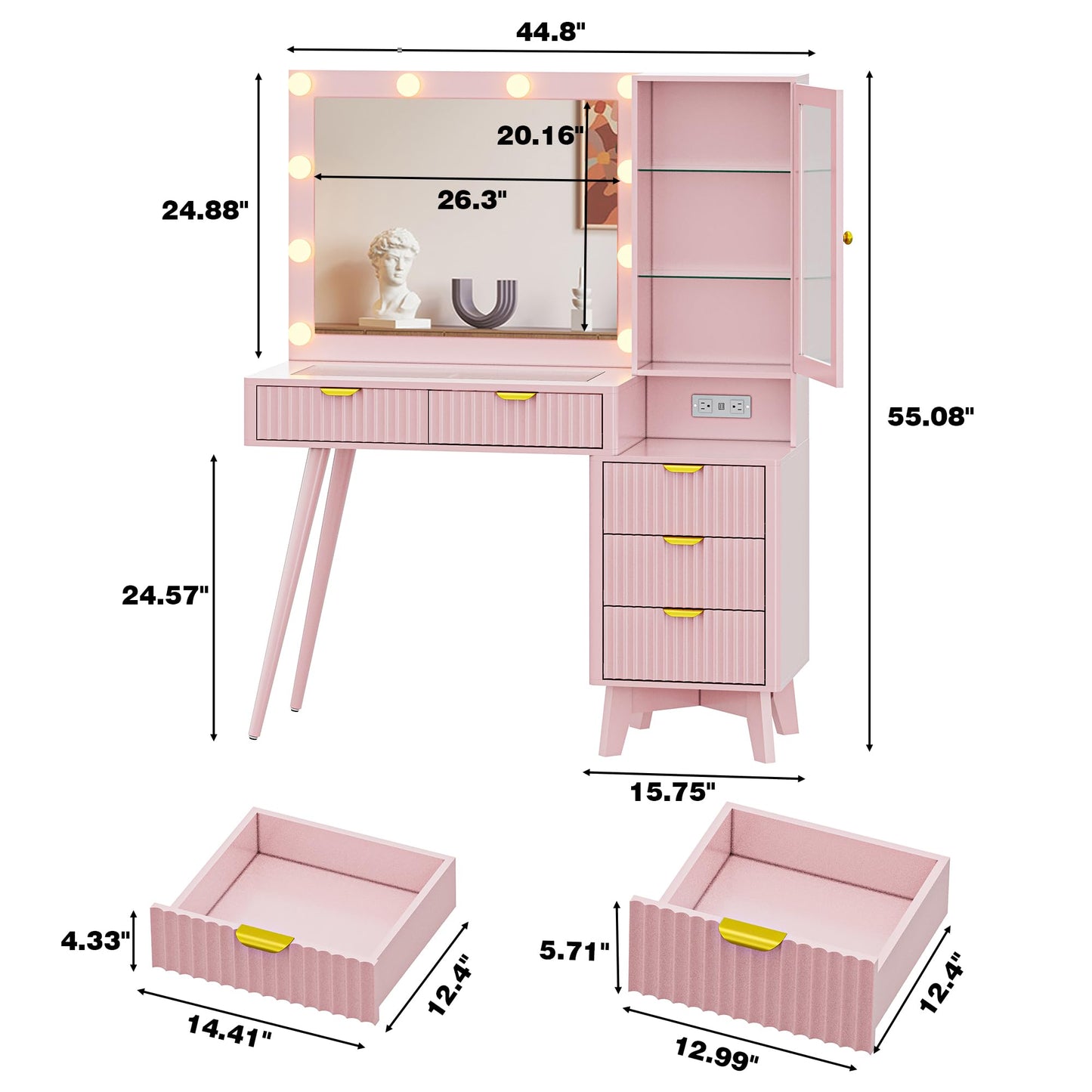 Fluted Vanity Desk with Mirror and Lights, 45" Pink Makeup Vanity Desk with Lights &5 Drawers, Glass Top Makeup Table with Lighted Mirror and RGB Cabinet,Dressing Table with Power Outlet for Bedroom