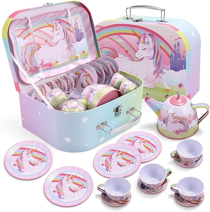 JOYIN Unicorn Tea Party Set for Little Girls, Pretend Pink Tin Teapot Set, Princess Tea Time Play Kitchen Toy with Teapot,...
