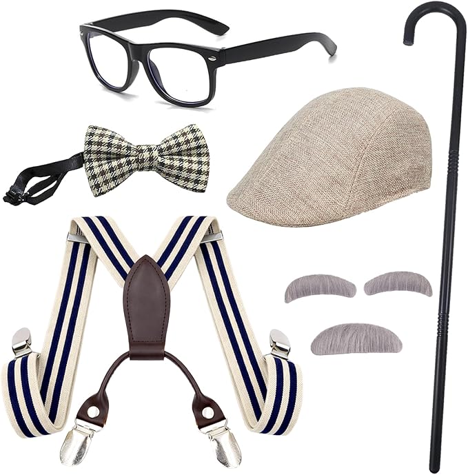 Tangrove Old Man Costume for 100 Days of School - 6PCS Set Include Beret Hat, Beard & Eyebrows,Suspenders, Bow Tie, Glasses