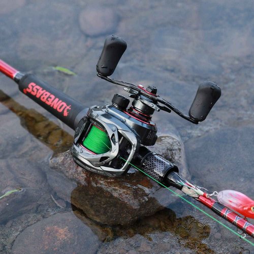 One Bass Fishing Rod and Reel Combo, IM7 Graphite 2 Pc Blank Baitcasting Combo, Spinning Rod with SuperPolymer Handle- 6'6" Casting Combo with Left Handed Reel- Red