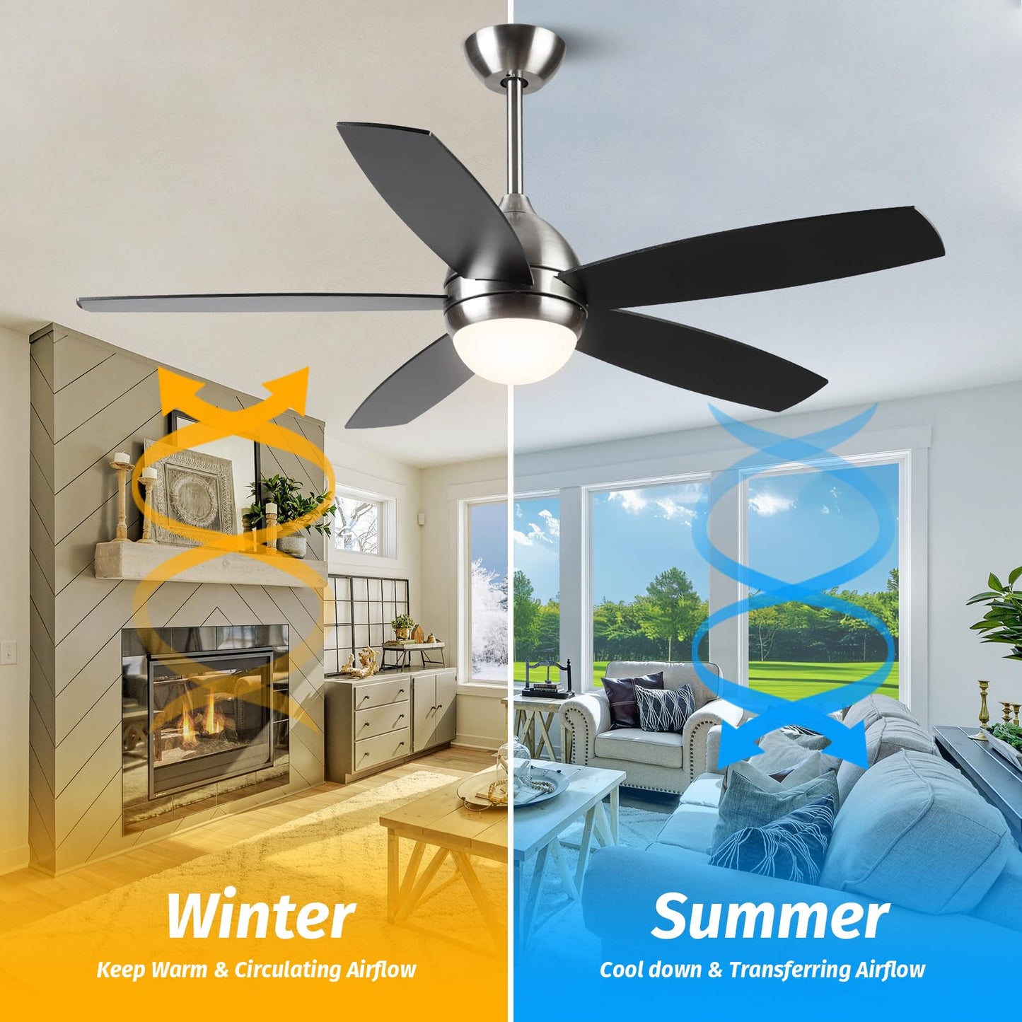 Kapoefan Brushed Nickel Ceiling Fan With Lights,52 Inch Ceiling Fans,6 Speeds,3 Color,Quiet Dc Motor,Ceiling Fan With Remote Con
