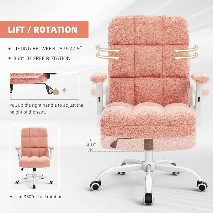 SEATZONE Pink Office Chair Ergonomic Computer Desk Chair with Wheels,Faux Fur Comfy Office Chair for Women and Girls,Teddy Fleece Material