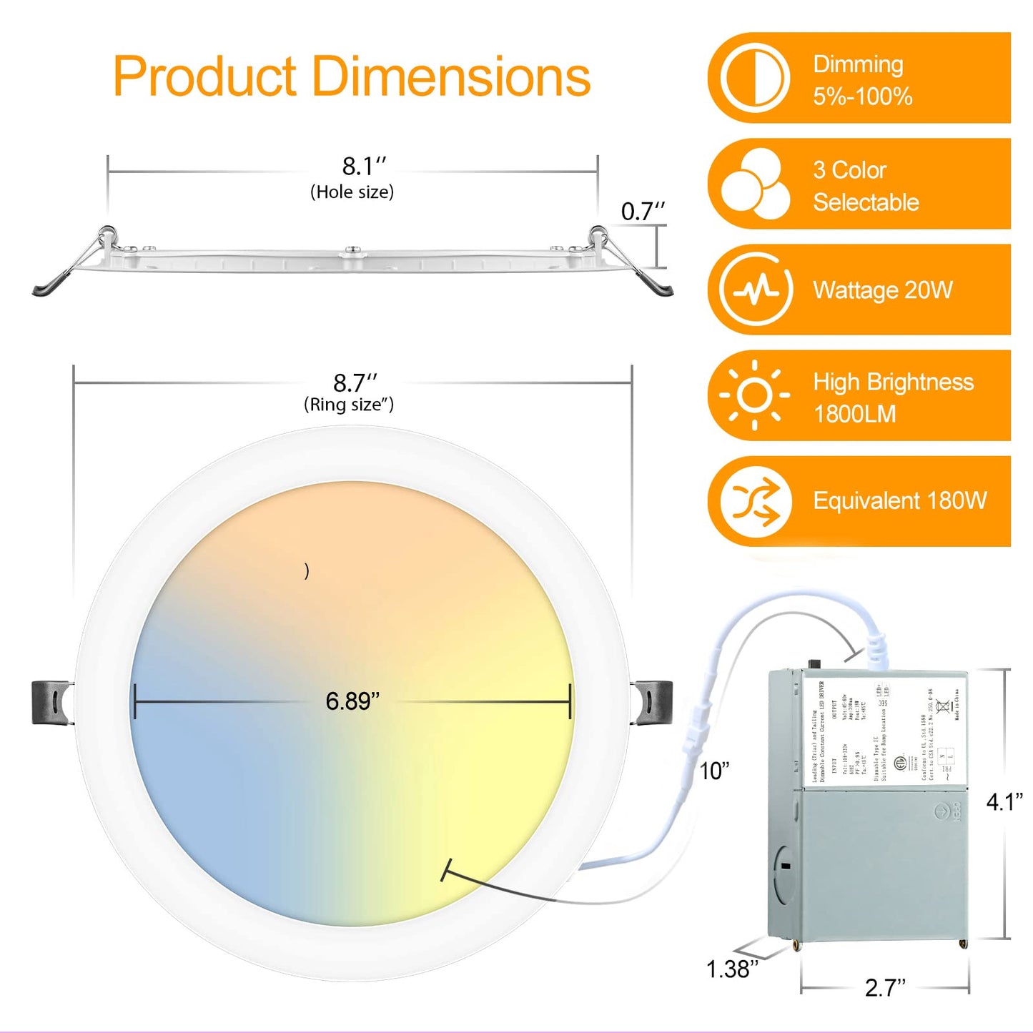 LZHOME 8 Inch Recessed LED Light: 18 Packs Ultra Thin LED Recessed Lighting with Junction Box, 3000K/4500K/6000K Selectable, 2700K-5000K, High Brightness 1800LM Dimmable Canless LED Downlight