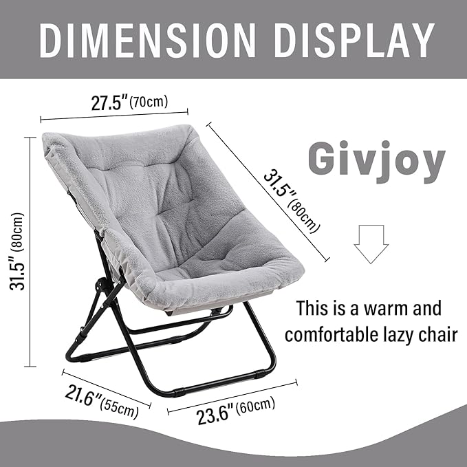 Givjoy Comfy Folded Chair, Soft Faux Fur Oversized Folding Accent Chair, Flexible Lounge Lazy Chair for Adults Kids, Metal Frame Moon Chair for Dorm Room, Bedroom, Living Room
