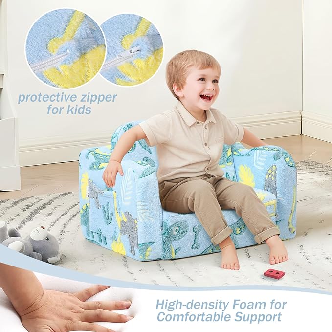 MeMoreCool Toddler Chair – Convertible Glowing Dinosaur Flip-Out Kids Sofa | 1–3 Years | Soft Foam Couch for Playroom, Reading & Relaxing | Fold-Out Lounge Seat with Washable Cover