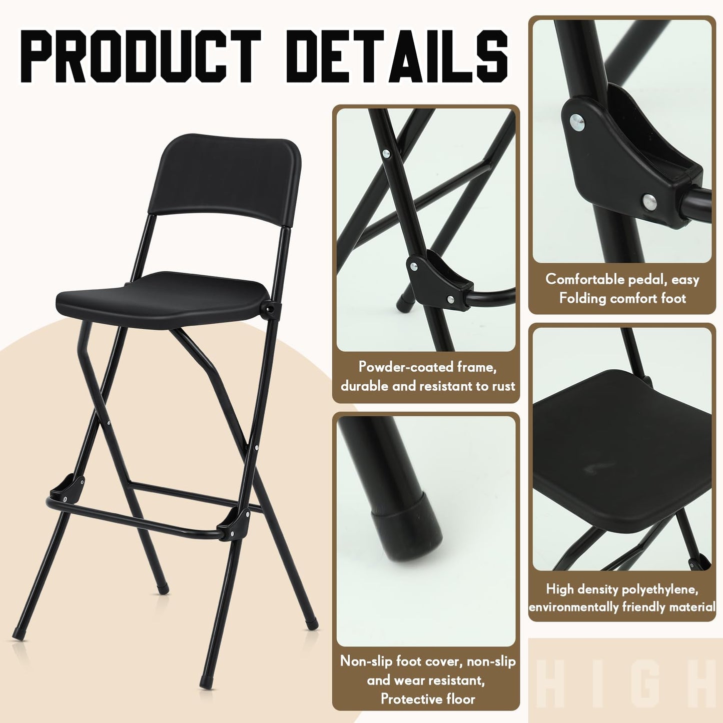 Sintuff 2 Pcs Folding Bar Stool with Back Tall Foldable Stool Chair Portable High Folding Bar Chair Counter Height Seat for Kitchen Island Shop Cafe Dining Room (Black)