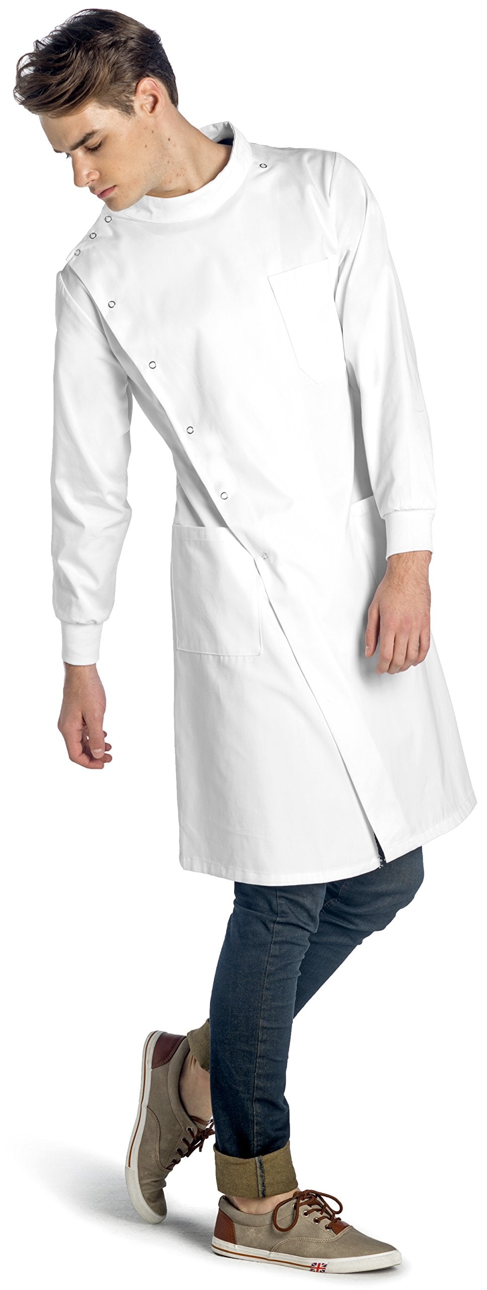 Dr. James Premium Howie Style Unisex Lab Coat for Men & Women, Cuffed Sleeves, Classic Fit, Snap Closing, 43" Length (2XS (Men 2XS / Women XS))