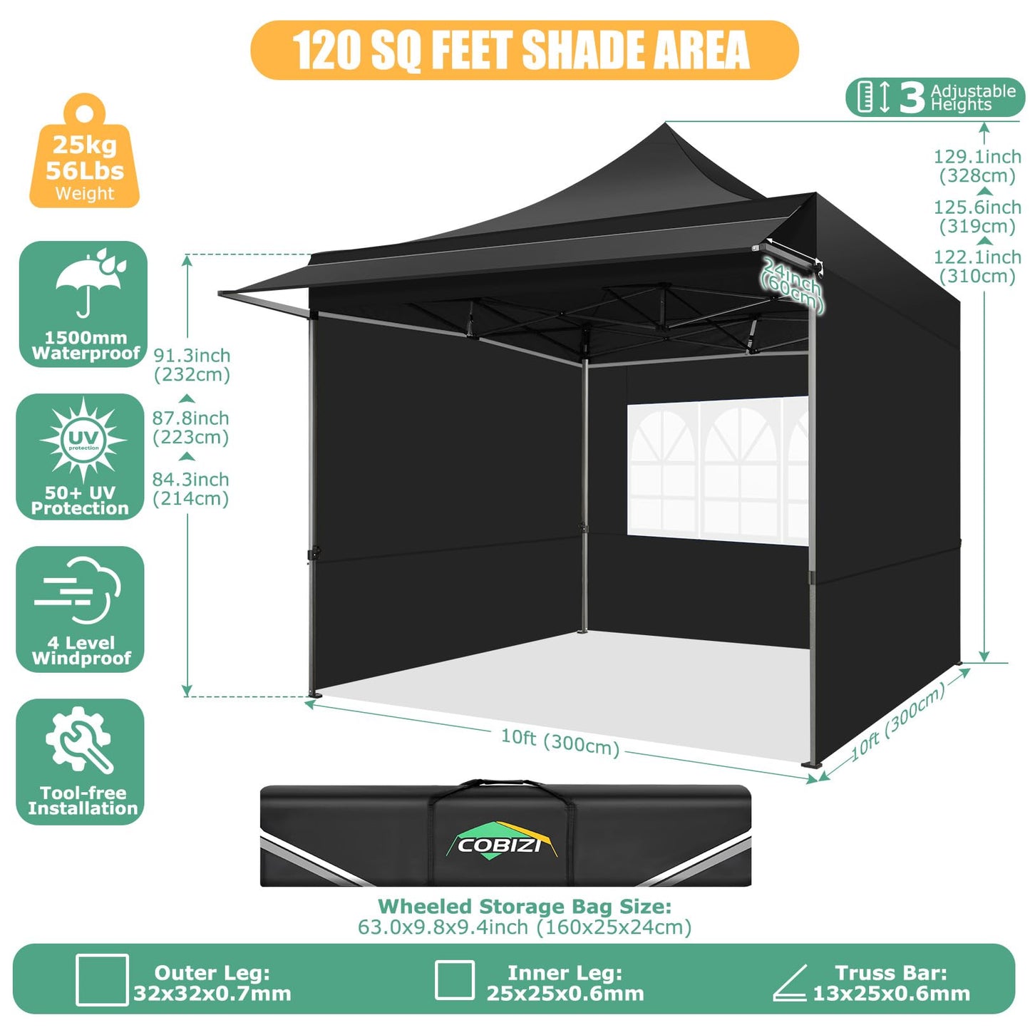 COBIZI 10x10 Pop Up Canopy Tent with Awning,Heavy Duty Canopy UPF 50+ All Season Wind Waterproof Commercial Outdoor Street Vendors Party Tents for Parties Canopy with Carry Bag(10 x 10 ft Black)