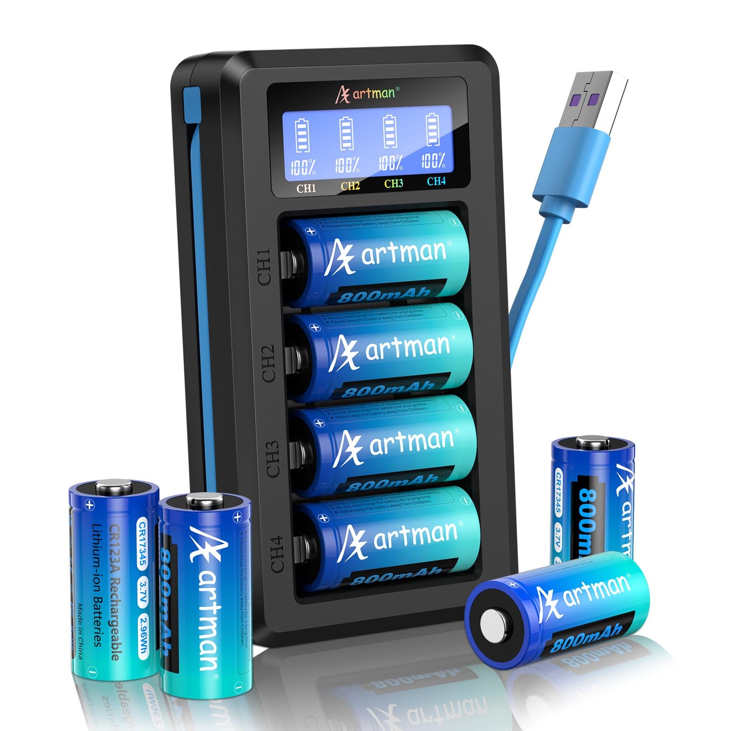 Artman CR123A Rechargeable Batteries 800mAh, 8 Pack 3.7V CR123A Lithium Batteries with Charger, CR17345 Battery Compatible with Arlo Cameras VMC3030 VMK3200 VMS3330 3430 3530, Flashlight Microphone