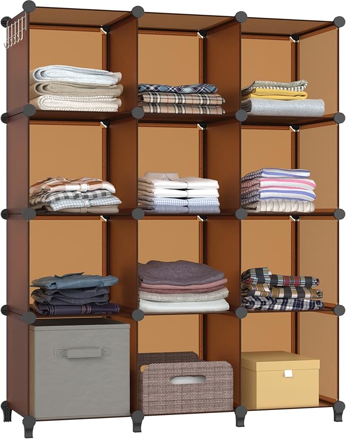 HOMIDEC Closet Organizer, 12-Cube Closet Organizers and Storage, Cube Storage Organizer for Kids, Closet, Bedroom, Bathroom, Office, Brown
