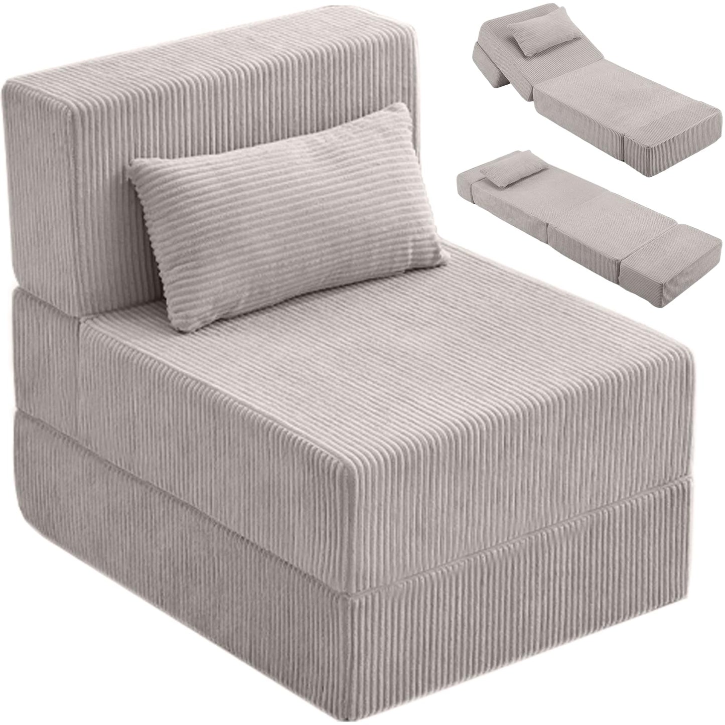 Estevo Folding Sofa Bed,Convertible Fold Out Couch,Portable Foldable Floor Mattress Sleeper Chair with Pillow,Adjustable Backrest Support,Lazy Sofa for Living Room,Single,Light Grey