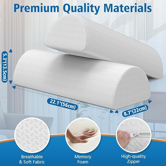 Large Knee Pillow for Side Sleepers, Half Moon Memory Foam Bolster Pillow for Legs,Ergonomic Design Wedge Elevation Pillow for Side & Back Sleeping,Under Knee Support,Foot,Ankle, Lumbar,White - 2 Pack
