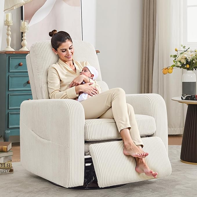 AEMEIOS Swivel Rocker Recliner, Oversized Manual Nursery Glider Rocking Recliner Chair with Removable Cushion, Upholstered Swivel Reclining Chair for Nursery Living Room Bedroom, Corduroy White