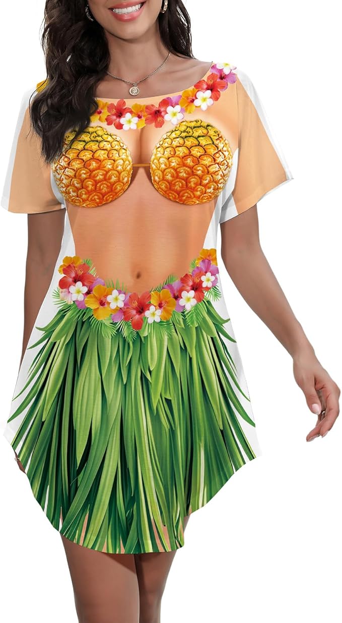 Women's Bikini Body Printed T Shirt Short Sleeve Beach Cover Up Luau Party Hawaiian Shirt