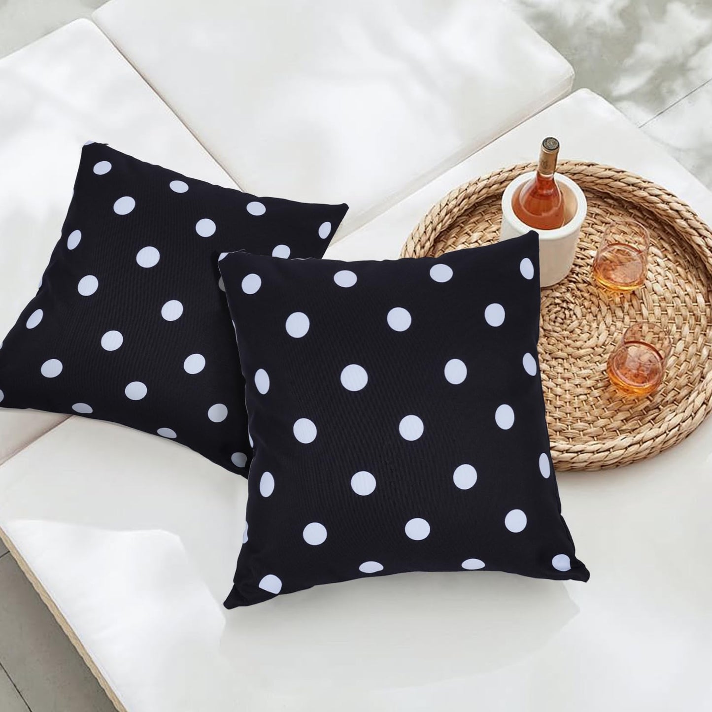 Eternal Beauty Set of 2 Waterproof Outdoor Pillow Covers for Spring Summer Patio Throw Pillows, Black White Polka Dot, 18X18 inches