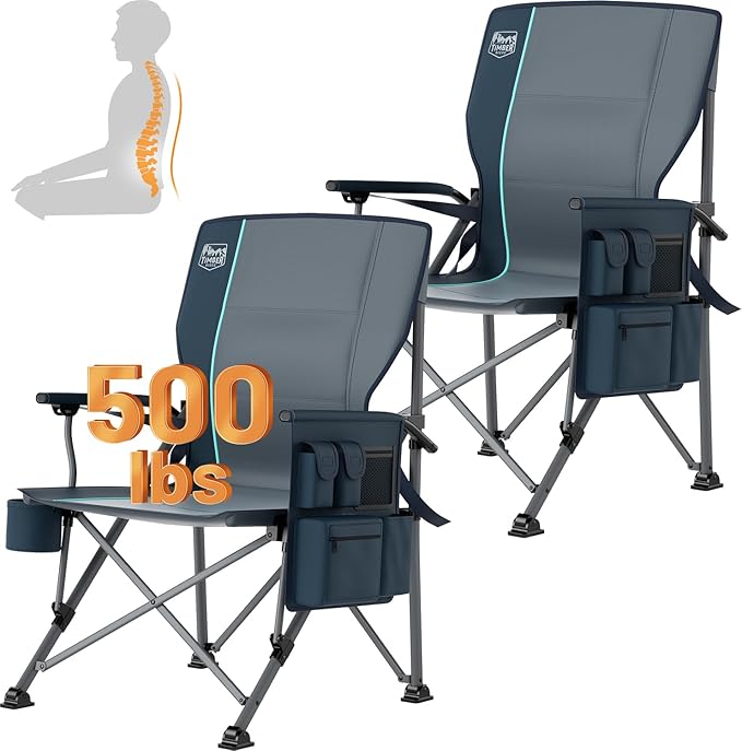 TIMBER RIDGE Oversized Folding Camping Chair with Lumbar Support Adjustable High Back Heavy Duty for Adults Support up to 500lbs with Cup Holder, Cooler Bag, Side Pocket, Blue 2 Pack