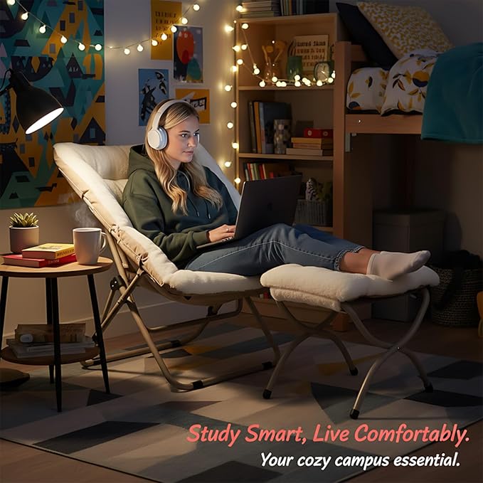 Givjoy Comfy Folded Chair with Ottoman, Oversized Folding Faux Fur Chair Soft Furry Lounge Lazy Chair with Metal Frame Moon Chair Accent Chair for Bedroom, Living Room, Dorm Rooms