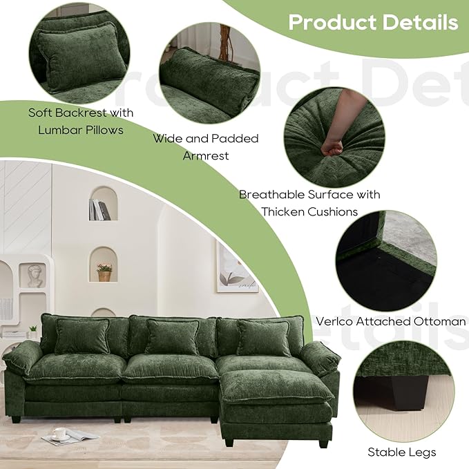 Oprisen 120" Modular Sectional Sofa, Comfy Cloud Couch Sectional Sofa with Ottoman, Chenille Sofa Sleeper Deep Seat Sofa with Throw Pillows for Living Room (Green, 120"- L Shape)