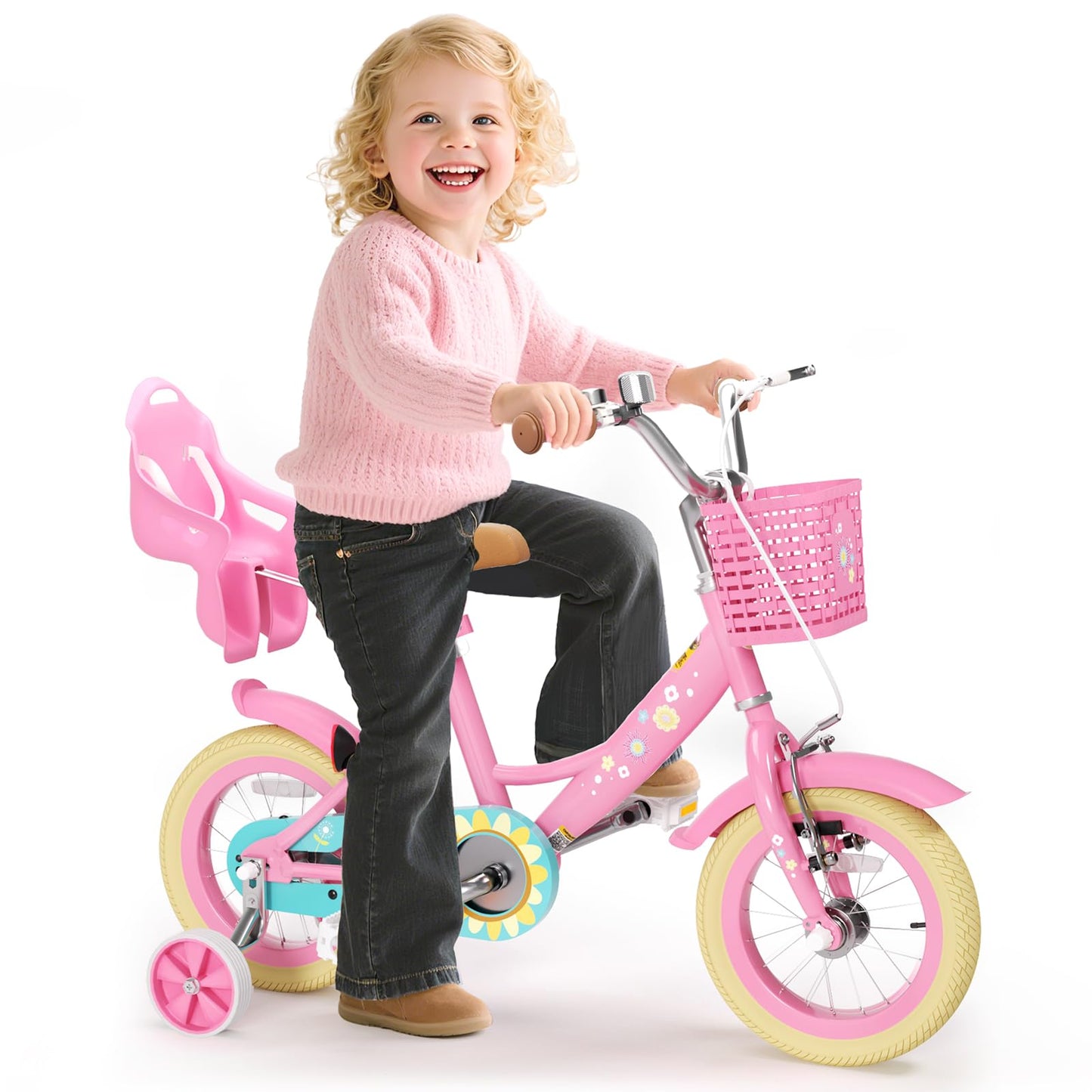 Glaf Toddler Girls Bike for Kids Age 2-12 Years Old 12 14 16 20 Inch Girls Bike with Training Wheels and Doll Seat Kids Bicycle with Basket Adjustable Seat (12 Inch with Training Wheels,Flower Pink)