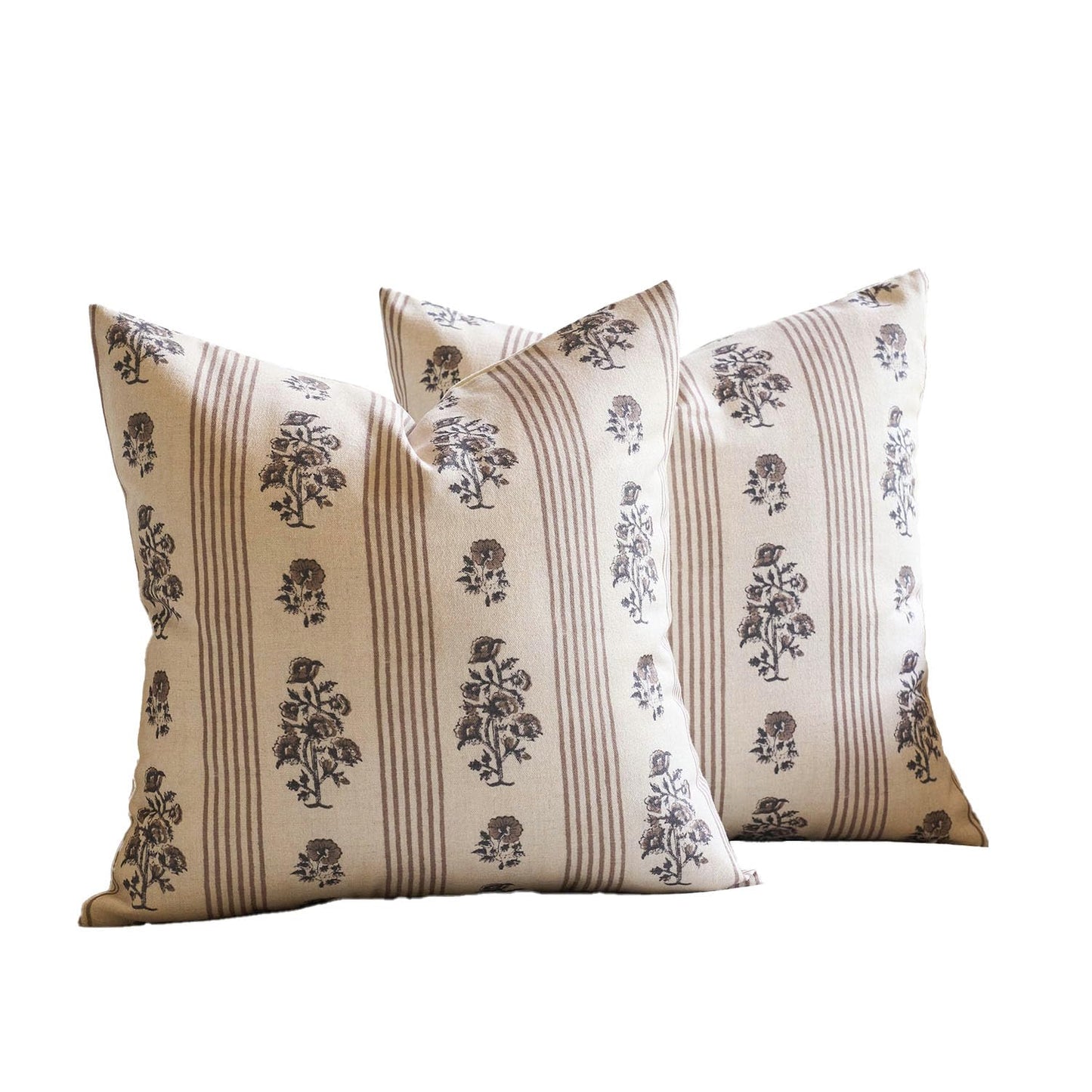 Amor Virisso Floral Throw Pillow Covers 18x18 Set of 2 Block Print Pillow Covers Neutral Floral Striped Farmhouse Decorative Pillow Covers for Sofa Couch Bed, Brown