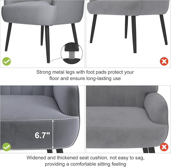 Holiway Velvet Accent Chair, Upholstered Modern Leisure Single Sofa Side Chair, Comfy Tufted Back Armchair with Metal Legs for Living Room/Bedroom/Office/Reading Room, Grey