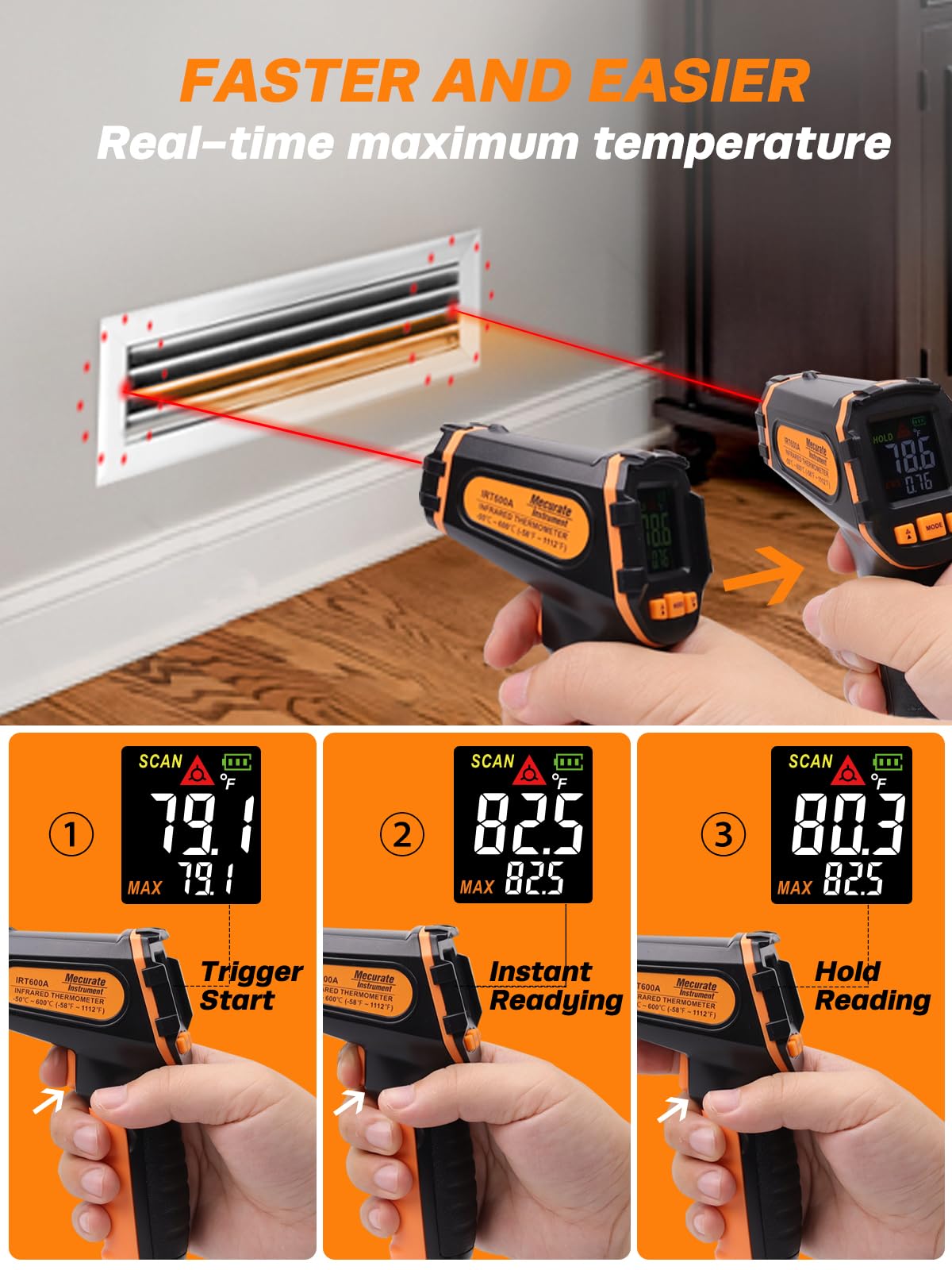 Mecurate Infrared Thermometer Gun -58°F to 1112°F, Laser Temperature Gun with Adjustable Emissivity, Max/Min/Hold for Cooking, BBQ, Freezer, Industrial Use,with Long Probe Meat Thermometer