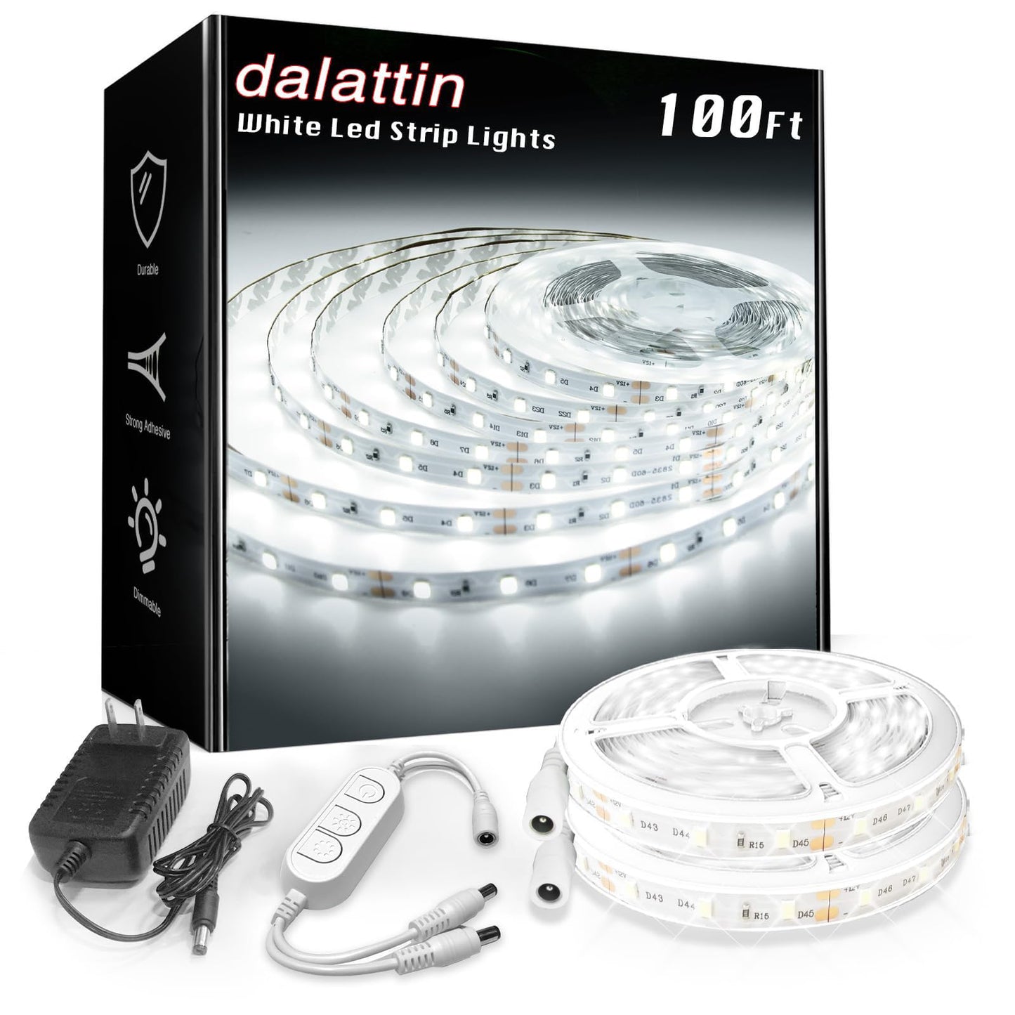 dalattin White LED Strip Lights 100ft, Dimmable Bright 24V Led Light Strip 6500K Daylight White 1800 LEDs Lights for Bedroom, Mirror, Kitchen, Strong Adhesive, 2 roll of 50ft