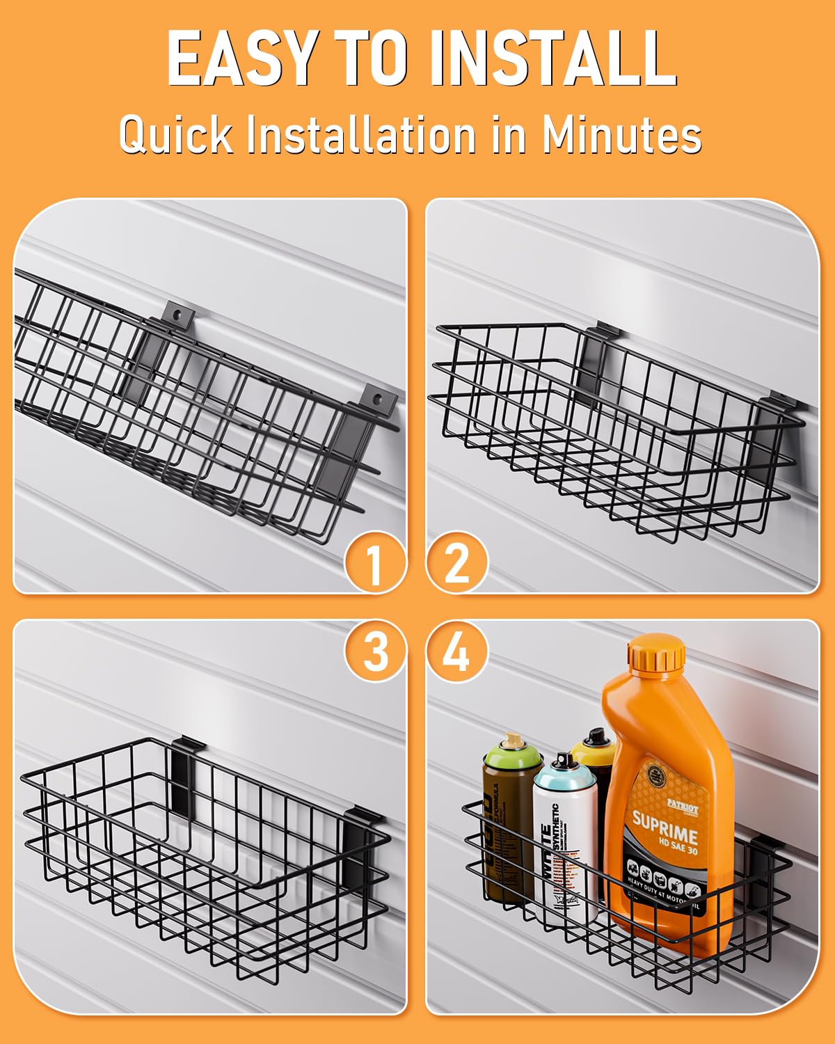 INCLY 4 Pack Black Slatwall Baskets Set, Ventilated Metal Hanging Storage Slat Wall Basket, Mounted Slatwall Accessories for Garage Rooms Shops Storage Organizing Display on Slatwall Panels