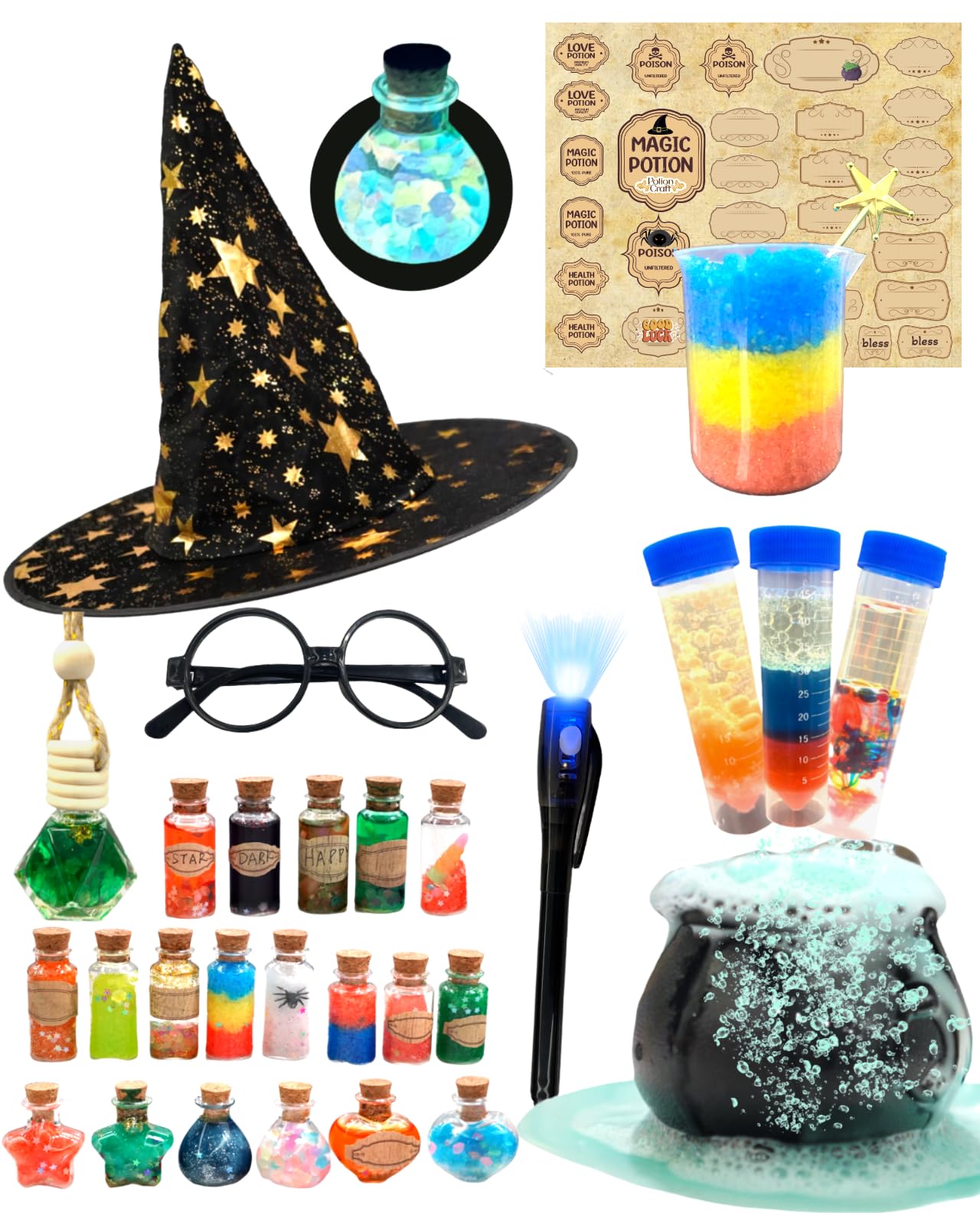 itsfairypro Potion Kits for Kids, Magic Making Set 50+ Mixies with Bottles Hat Glasses & Invisible Pen, Mystery Box Fairy Tricks Craft Toy for Girls Boy Gifts Age 6 7 8 9+