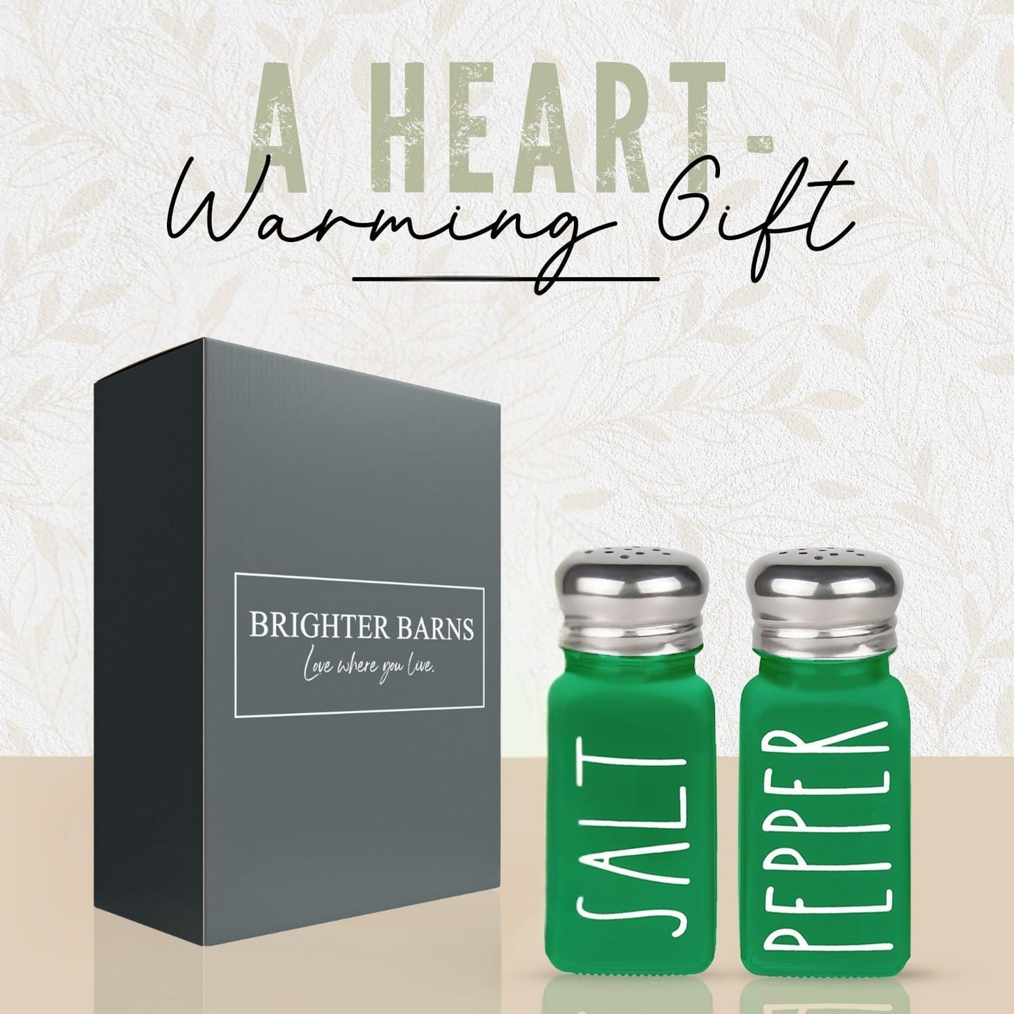 Green Salt and Pepper Shakers Set by Brighter Barns - Modern Farmhouse Kitchen Decor for Home, Restaurants, Airbnb - Cute Kitchen Decor and Accessories - Glass Shakers & Stainless Steel Lids (Green)