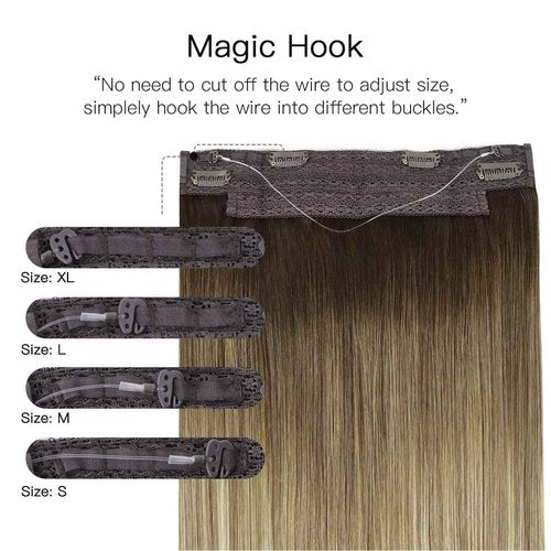 HOTBANANA Walnut Brown to Ash Brown and Bleach Blonde Fish Line Real Human Hair Straight Invisible Wire Remy Hair Extensions, 18 inch 95g