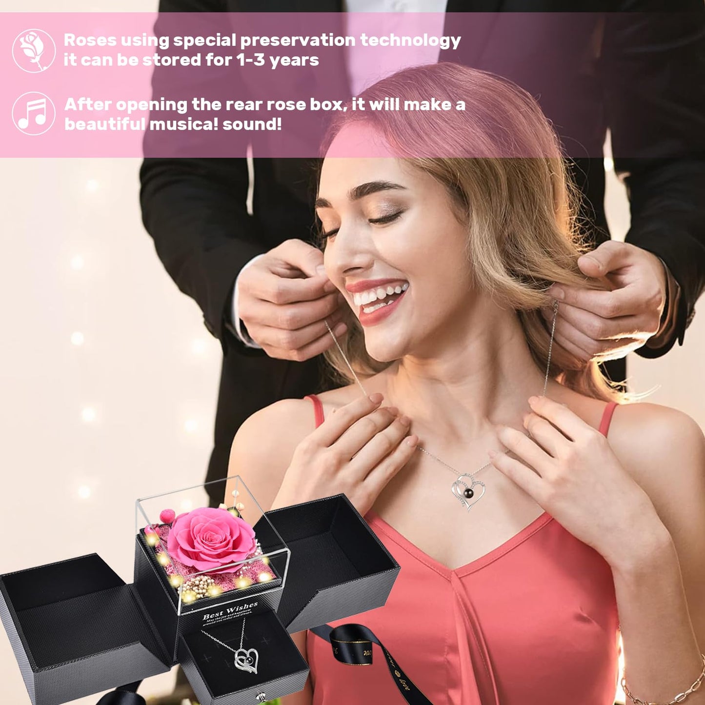Pasuvsigt Gifts for Women - Preserved Real Rose with I Love You Heart Necklace, 100-Language LED Music & Lights, Romantic Birthday/Anniversary/Thanksgiving for Women and Girlfriend