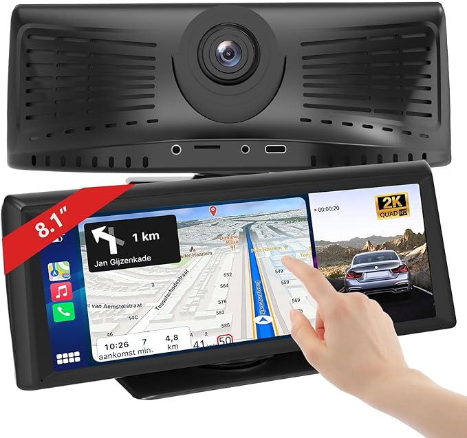 8.1" Wireless Carplay Screen for Car with 2K DVR & 1080P Backup Camera, Portable Touchscreen Car Stereo with Carplay & And...