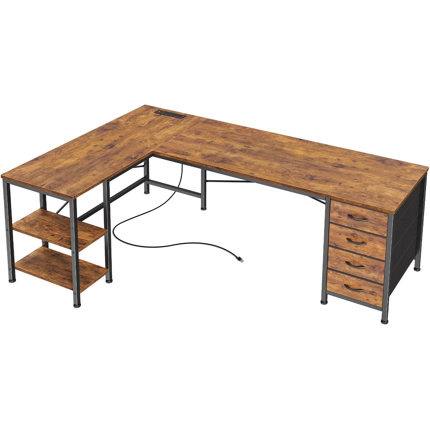 Huuger 55 Inch L Shaped Desk with Fabric Drawers, Reversible Computer Gaming Desk with Power Outlets and USB-C Port, Adjustable Side Storage Shelves, for Work Corner Home Office, Rustic Brown