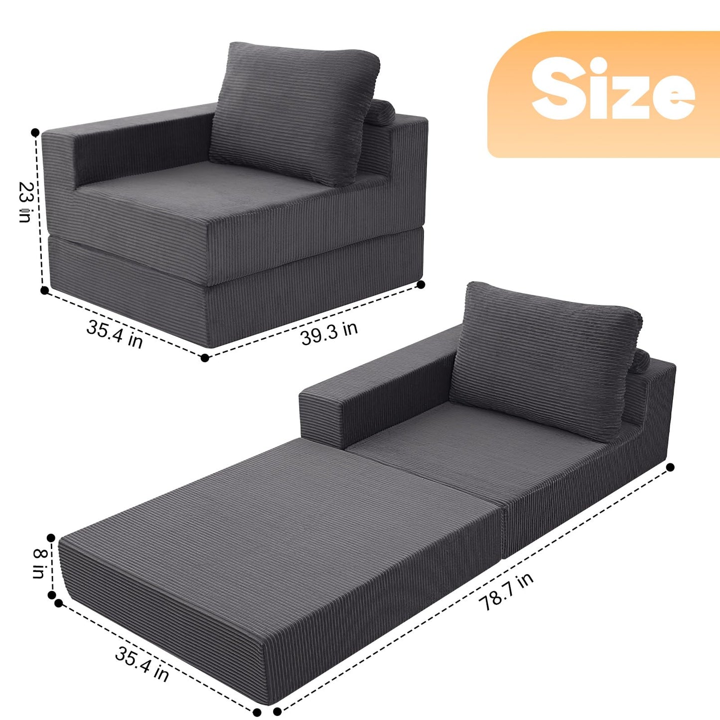 MeMoreCool Convertible Sofa Bed Foldable Boneless Couch, Folding Sleeper Chair Bed with L-Shaped Armrest, Comfy Floor Lounge Couch for Adults, Fold Out Single Sofa Chair Futon for Indoor Bedroom