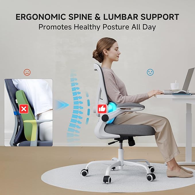 PKPT Mesh Office Chair, 330LBS Ergonomic Desk Chair with Adjustable Lumbar Support, Executive Computer Chairs for Home Office, White and Gray